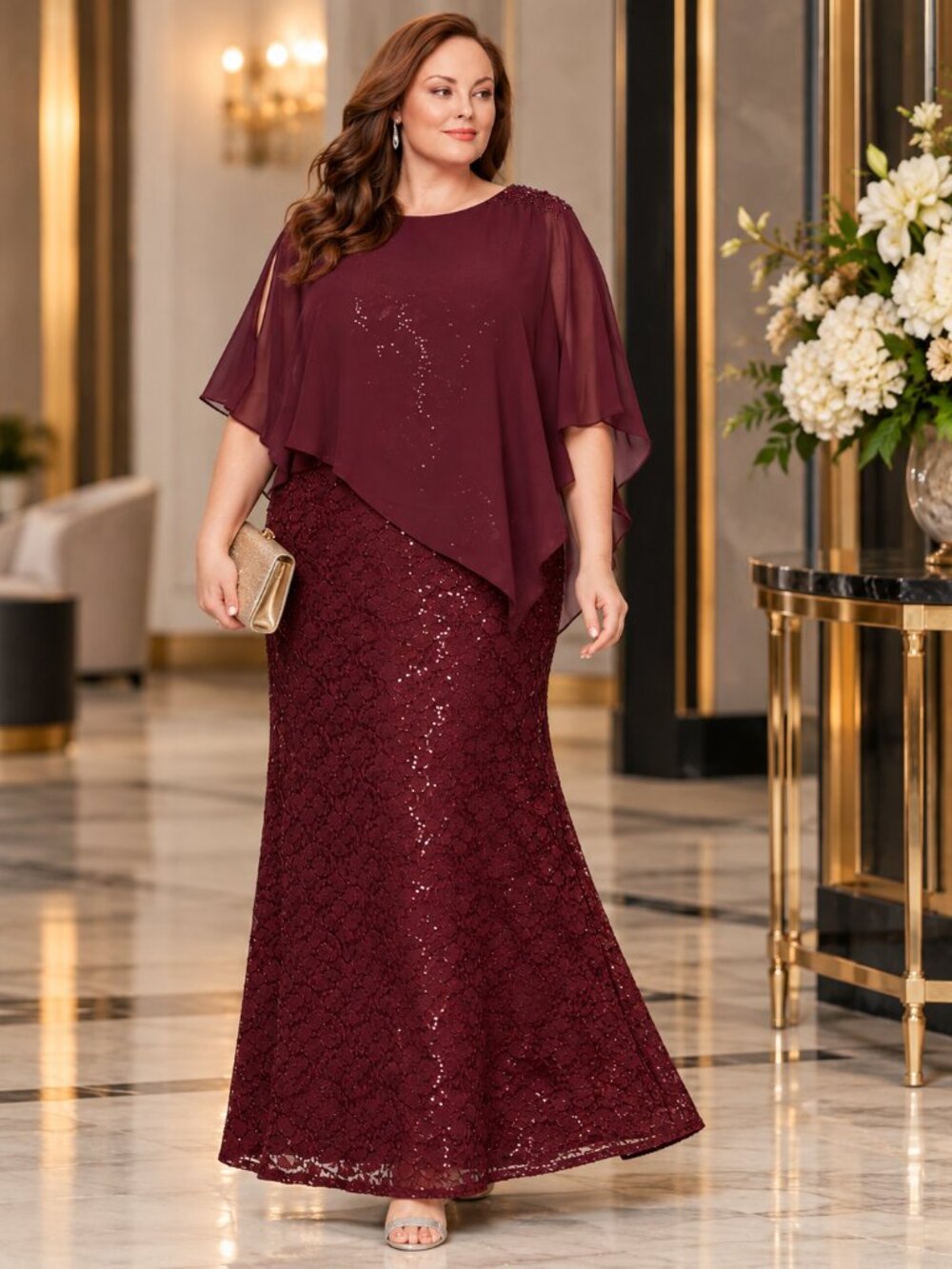 SL Fashions Plus Size 18 Fig Burgundy Sequin Lace Chiffon Cape Formal Gown